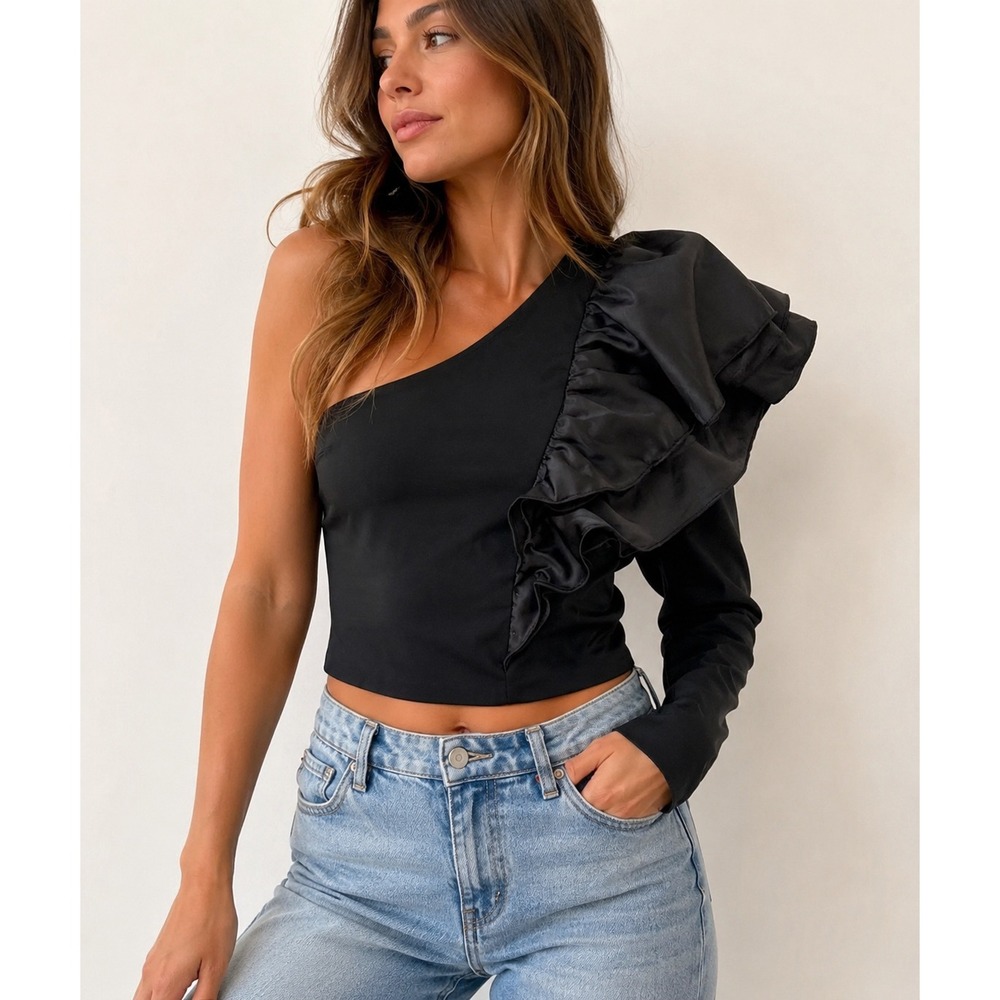 Vestique Black One Shoulder Ruffle Long Sleeve Top Y20528 womens Size M - Picture 2 of 8